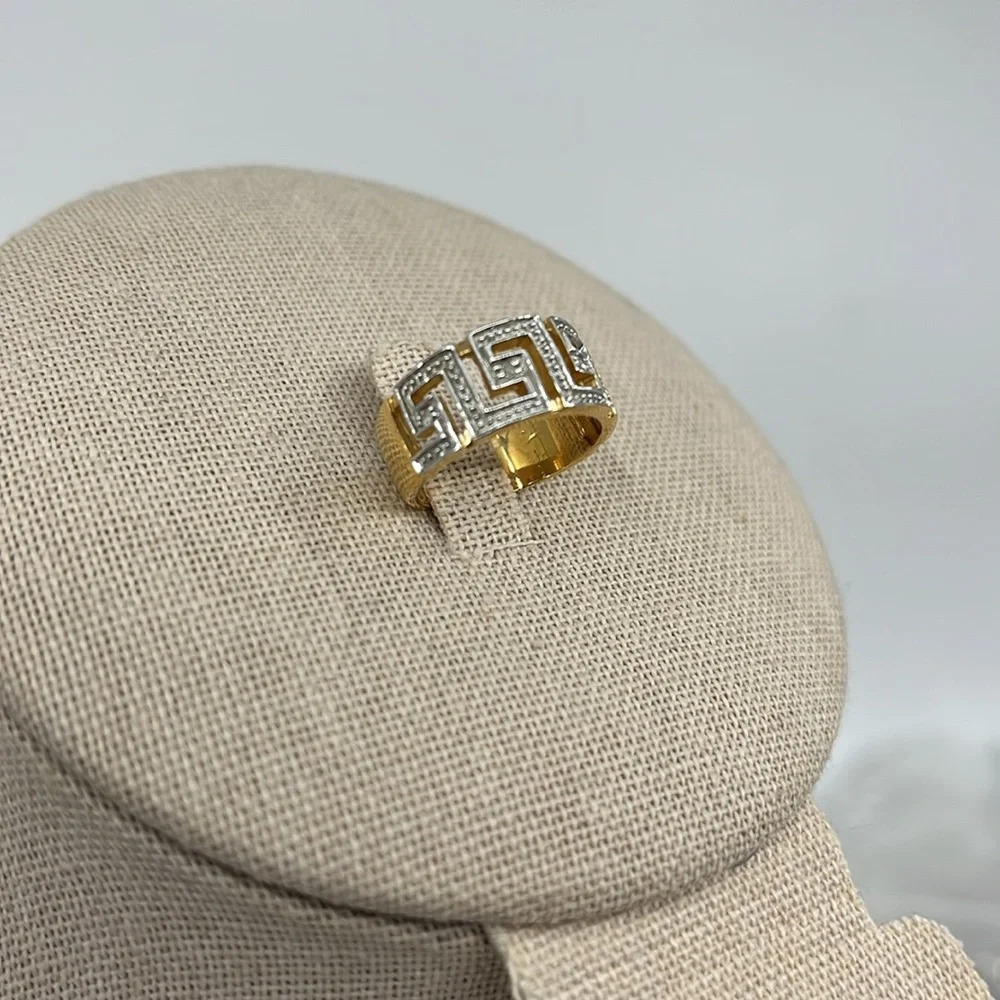 Signed SETA Vintage Greek Key Two-Tone Gold Silver CZ Band Ring Size 5 - Picture 5 of 16